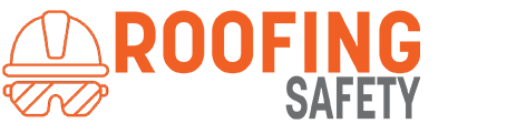 Graphic of a hard hat with the words “roofing safety” in sans serif next to it