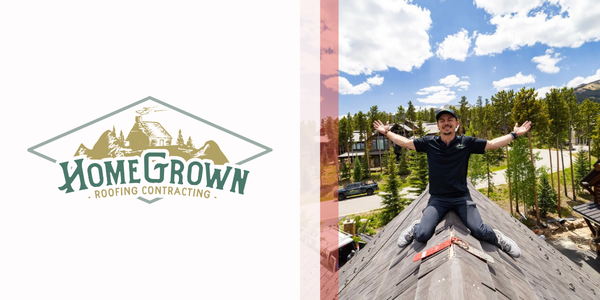 The Home Grown Roofing and Contracting logo on the left, image of Adrian Oliver on a roof on the right