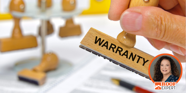 A hand holds a warranty stamp over paper, Wendy Marvin’s headshot overlayed in the bottom right