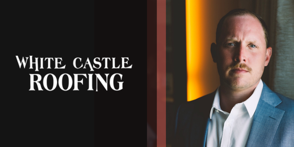 White Castle Roofing logo on the left, on the right a headshot of Taylor Simpson