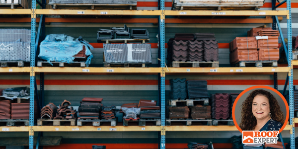 Roofing materials on shelves, Wendy Marvin’s headshot in the bottom right